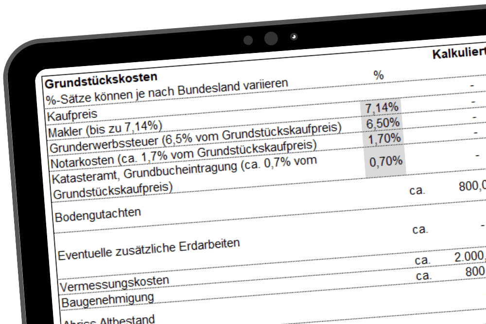 Baukostenaufstellung Excel